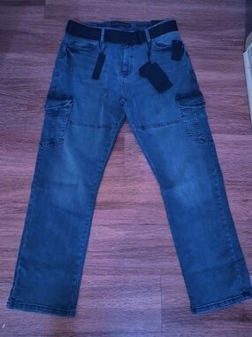 Relaxed Fit Men's Blue Cargo Jeans with Belted Waist